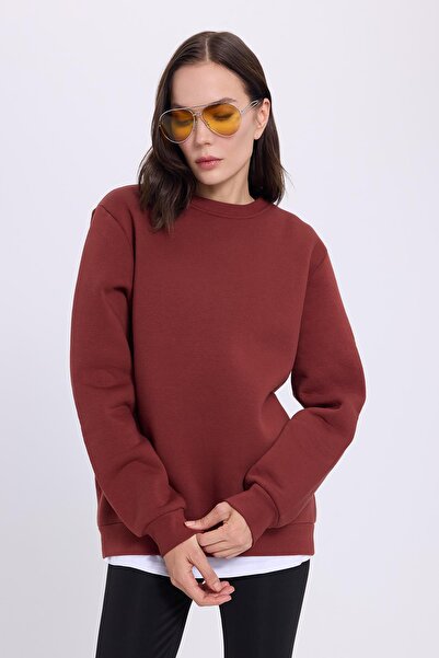 Tudors Women's Oversized Wide Cut Cotton Soft Textured Basic Tile Crew Neck Sweatshirt with Fleece Inside