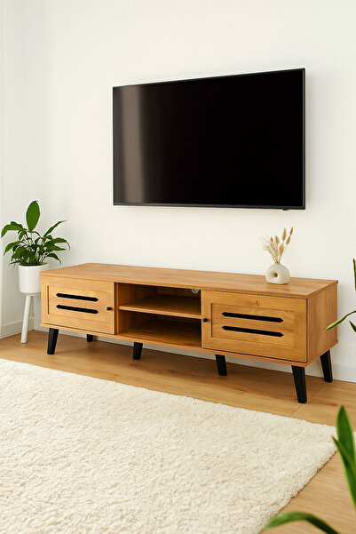 MARIA HOMES حامل تلفزيون خشبي بني فاتح، مقاس 180×40×44 سم – وحدة تلفزيون عصرية بأبواب بتصميم فتحة وأرفف مفتوحة