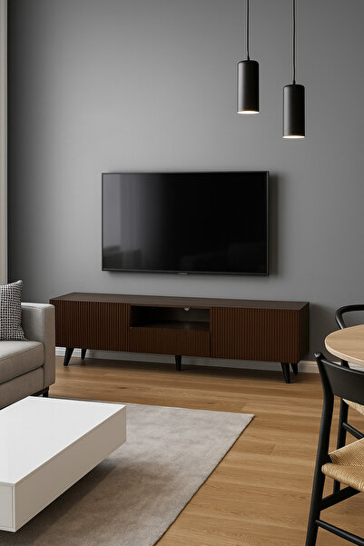 MARIA HOMES Brown Wooden TV Stand 160×40×55 cm – Modern Ribbed Design TV Unit with Storage Cabinets and