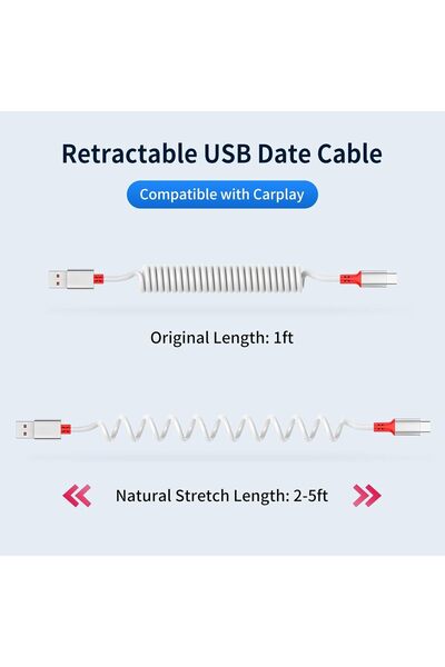 007 Retractable USB to USB-C 5ft CarPlay Cable for iPhone 16/15, TPU (White)