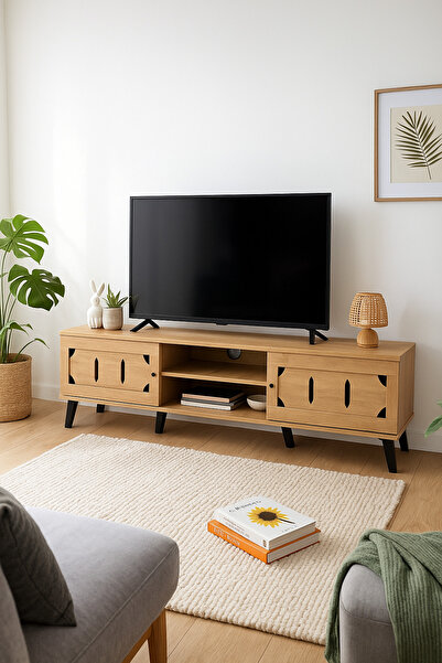 MARIA HOMES Light Brown Wooden TV Stand 180×40×44 cm – Modern TV Unit with Cutout Design Doors and Open Shelves
