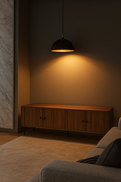 MARIA HOMES Walnut Wooden TV Stand 180×40×54 cm – Modern 4-Door TV Unit with Black Metal Legs for Living Room