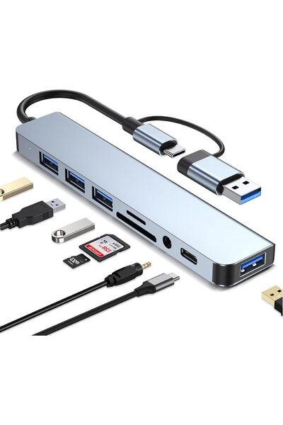 007 USB-C 8-in-1 Hub — Type-C Multiport Adapter with USB3.0, 3×USB2.0, SD/TF Card Reader & 3.5mm Audi