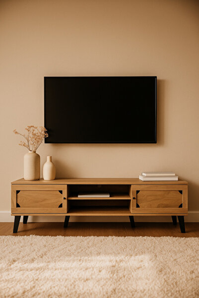 MARIA HOMES Light Brown Wooden TV Stand 180×40×44 cm – Modern TV Unit with Storage Cabinets and Open Shelves