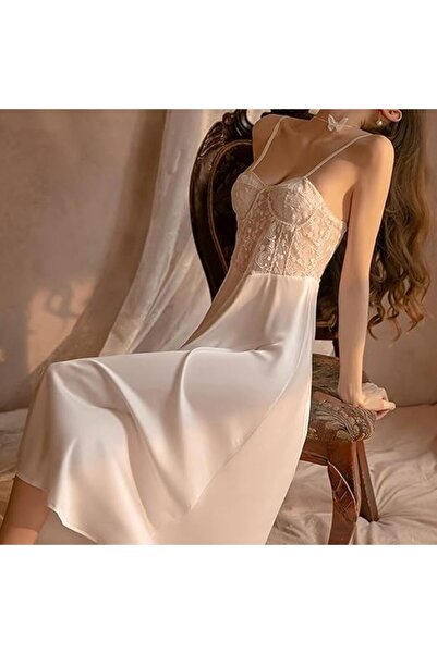 Margoun Women's Satin Nightdress Lace Long Sling Pyjamas Summer Robe Dress White - MG2003