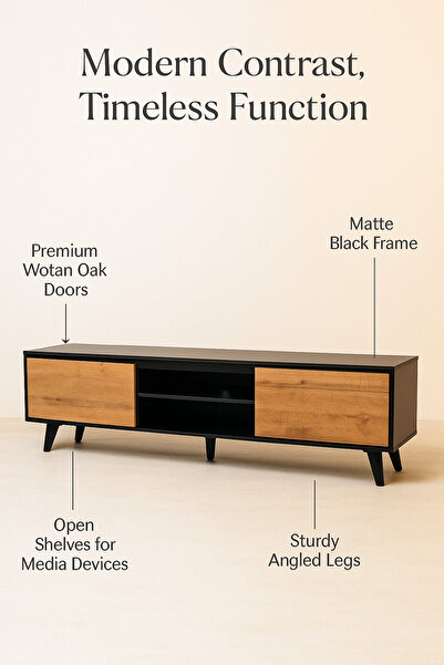 MARIA HOMES Walnut and Black Wooden TV Stand 180×40×57 cm – Modern 2-Door TV Unit with Open Shelves