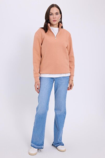 Tudors Γυναικείο φούτερ Relax Fit Άνετο βαμβακερό φλις με μισό φερμουάρ Yavruağzı D ψηλός λαιμός