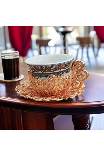 Bakır Center Porselen Fincan Takımı Bakır Nikel Kaplamalı Kalp Çiçek Desenli 2 Kişilik Bakır Fincan Takımı