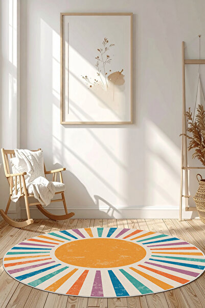 Ela Home Yuvarlak Halı Makinede Yıkanabilir Kaymaz Taban Retro Güneş Desenli ...