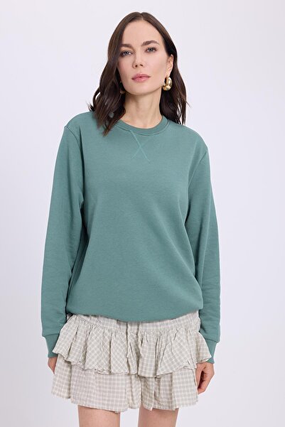 Tudors Women's Oversized wide cut 100% cotton basic green crew neck sweatshirt