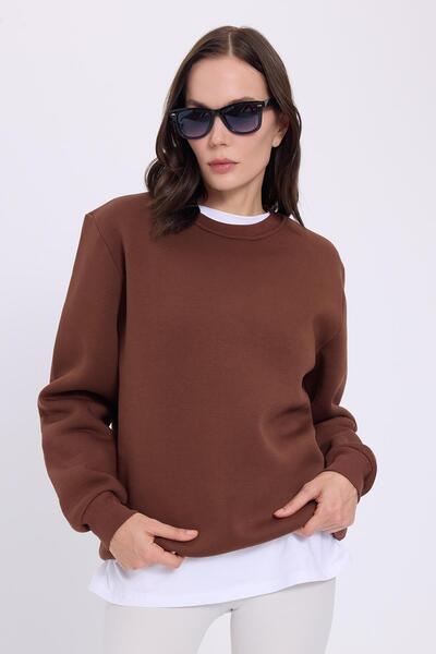 Tudors Women's Oversized Wide Cut Cotton Soft Textured Fleece Inside Basic Brown Crew Neck Sweatsh