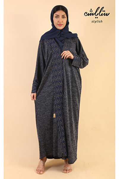 Stylish عبايه شتوي شانيل لف باللون الكحلي الغامق