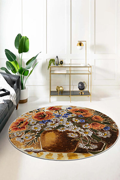 Ela Home Vazo Çiçek Desenli Yuvarlak Salon Halısı | Yıkanabilir, Kaymaz Taban...