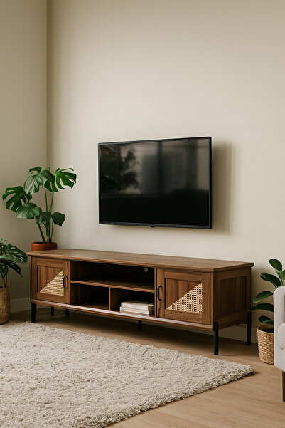 MARIA HOMES Walnut Wooden TV Stand 180×40×56 cm – Modern Rattan Door TV Unit with Open Shelves and Black