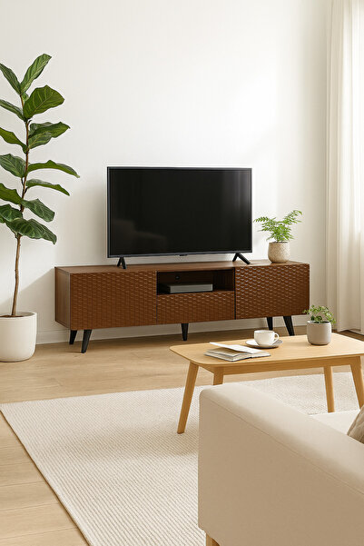 MARIA HOMES Brown Wooden TV Stand 160×40×61 cm – Modern Textured Design TV Unit with Storage Cabinets