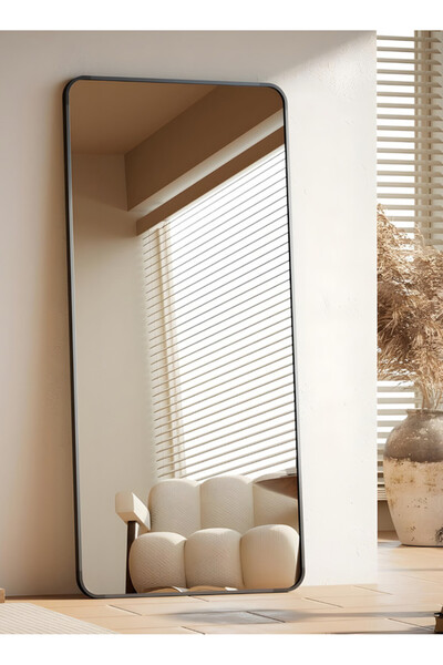 Taimi Large Mirror With Elegant Design 160x50 Cm-full Length Mirror With Black Metal Frame And Back Stand