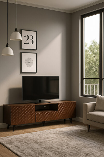 MARIA HOMES Brown Wooden TV Stand 180×40×61 cm – Modern Textured Design TV Unit with Storage Cabinets
