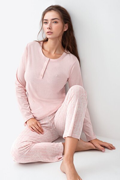 Pierre Cardin Kadın Modal Pamuklu Pembe Önden Düğmeli 2'li Pijama Takımı Büyük Beden Seçenekleri ile A8R9C7U7R