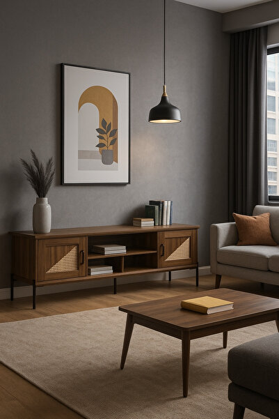 MARIA HOMES Walnut Wooden TV Stand 180×40×56 cm – Modern Rattan Door TV Unit with Open Shelves and Black