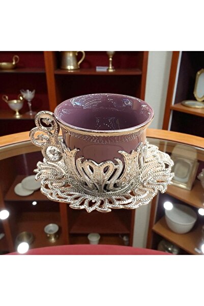 Bakır Center Porselen Fincan Takımı Bakır Nikel Kaplamalı Kalp Çiçek Desenli 2 Kişilik Bakır Fincan Takımı