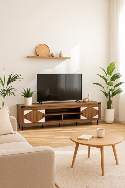 MARIA HOMES Walnut & White Wooden TV Stand 180×40×55 cm – Modern TV Unit with Storage Cabinets and Open Shelves