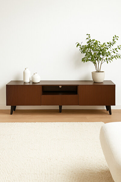MARIA HOMES Brown Wooden TV Stand 160×40×55 cm – Modern Ribbed Design TV Unit with Storage Cabinets and