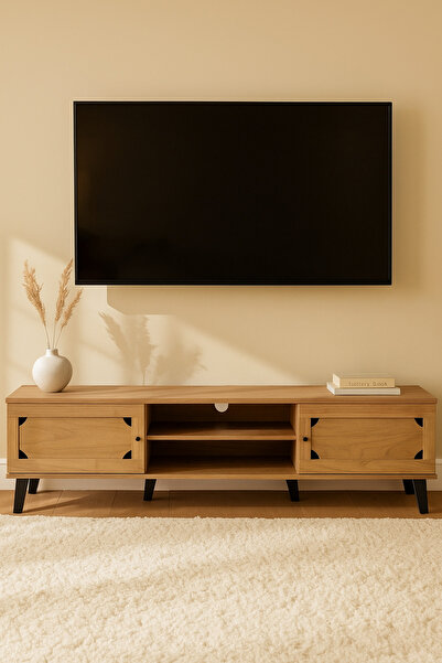 MARIA HOMES Light Brown Wooden TV Stand 180×40×44 cm – Modern TV Unit with Storage Cabinets and Open Shelves