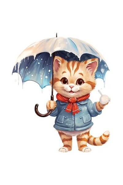OEM Autocolant cu o pisică veselă care ține o umbrelă deschisă, ilustrație de iarnă, vinil PVC, 10 cm