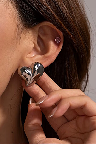 CAŞ DEKORASYON Silver Color Heart Steel Earrings (Pair)
