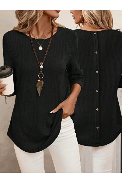 bysoca Γυναικεία μπλούζα με μαύρο κουμπιά στην πλάτη, μακρυμάνικη, με οβάλ άκ...