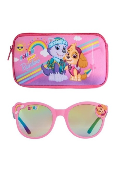 ANTBRO Kids Sunglasses Set - Paw Patrol Rainbow, Pink-Lilac Frame, Mirror Lenses, Matching Case