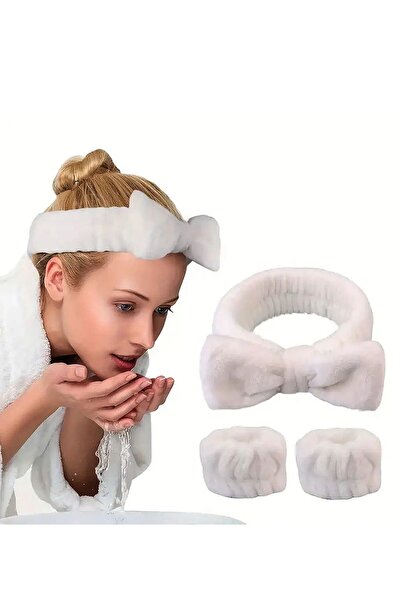 Teo Flanel Beyaz Saç Bandı ve Bileklik Seti, Spa - Makyaj - Cilt Bakım - Yüz Yıkama Saç Bandı