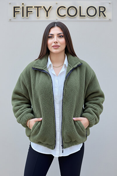 Fifty Color Women's Oversize Plush, Fleece, Zippered, Stand Collar, Pocket Zipper, Warm Soft Winter Coat