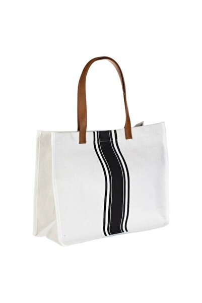 OEM White Shoulder Bag with Black Stripes & Brown Handles for Women 40x11.5x30cm