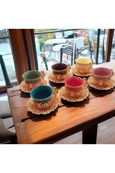 Bakır Center Porcelain Coffee Cup Set Copper Flower Patterned Cup Set Set of 6 Boxed Gift Cup Set