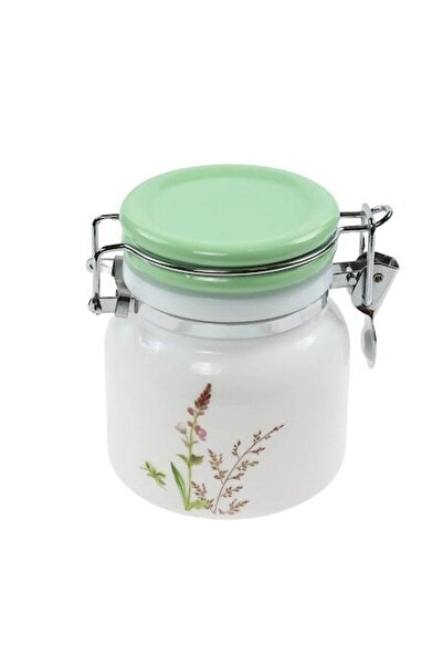 ANTBRO recipient pentru ingrediente din sticlă opal, alb/verde cu floare, 500 ml