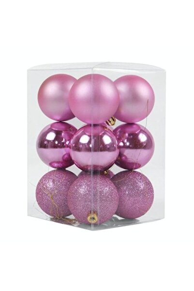 ANTBRO Set de 12 globuri de Crăciun, roz, mate/lucioase/sclipici, plastic, 6 cm