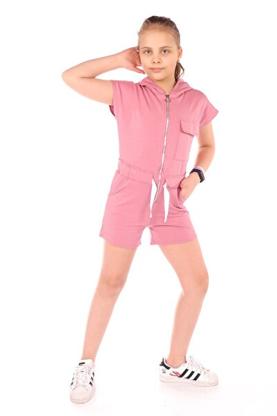 Toontoy Dusty Rose Girl's Short Sleeve Short Jumpsuit with Hooded Zipper Pock...