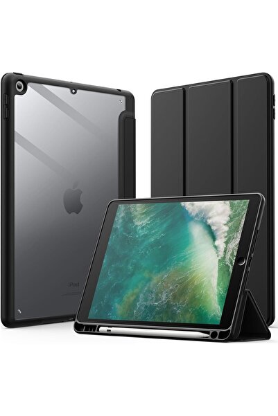 JETech حافظة iPad 9.7 (الجيل الخامس/السادس، 2017/2018) - ظهر شفاف، حامل قلم، خاصية السكون/التنشيط التلقائي، لون أسود