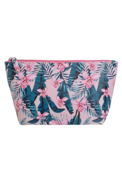 OEM Geantă de machiaj roz cu imprimeu floral tropical, 27,5x9x15,5cm, PVC