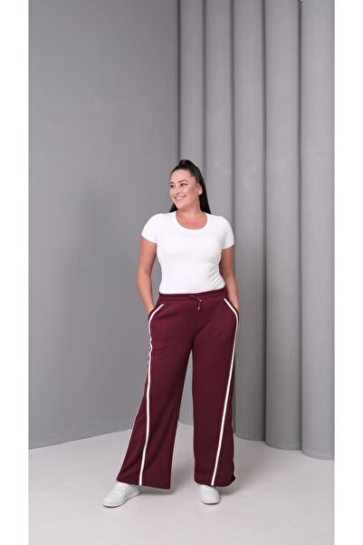 Ebsumu Women's Plus Size Extra Comfortable Fit Striped Burgundy Sweatpants