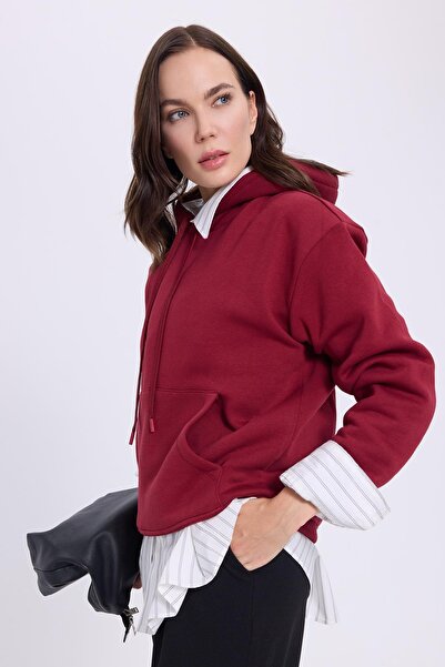 Tudors Women's Oversized Wide Cut Cotton Soft Textured Fleece Inside Basic Claret Red K Hooded Sweatshirt