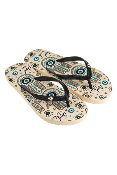 OEM Women's beach slippers, ecru with black, Fatima model, printed sole, size 38 EU