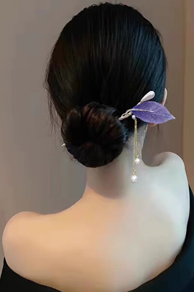 CAŞ DEKORASYON Gold Color Leaf Model Pearl Bun Hairpin