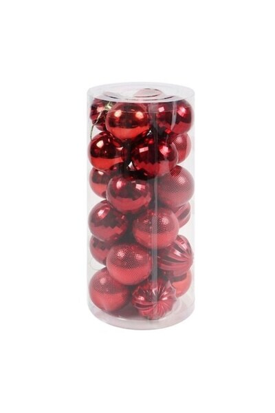 ANTBRO Set de 24 globuri de Crăciun, roșii, finisaje mixte, plastic, 6 cm
