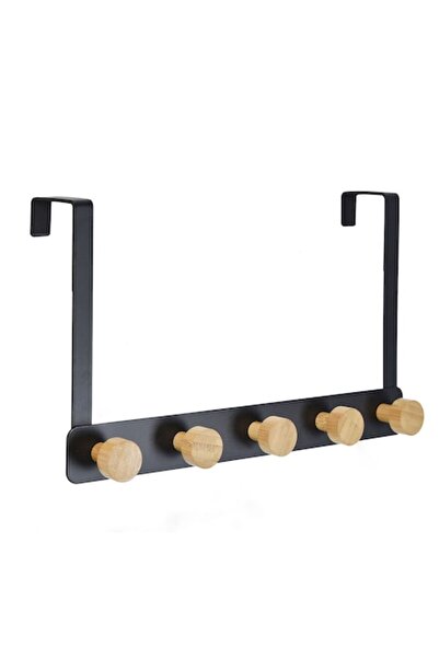 ANTBRO Cuier pentru ușă cu 5 cârlige rotunde din bambus, negru, 33 cm