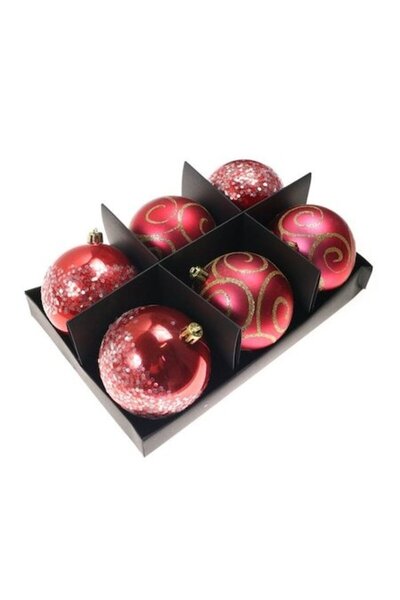 ANTBRO Set de 6 globuri de Crăciun, roșii cu sclipici argintiu și auriu, plas...