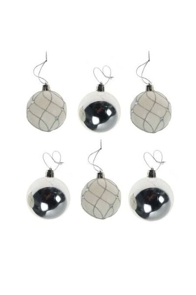 ANTBRO Set de 6 globuri de Crăciun, albe și argintii cu pietre, 6 cm