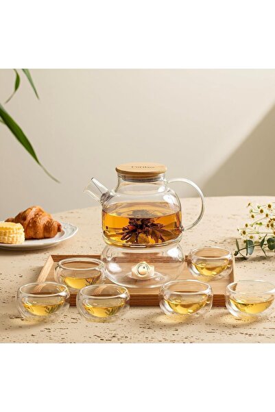 1Chase إبريق شاي زجاجي من البورسليكات مع غطاء من الخيزران سعة 1.0 لتر، وسخان ...