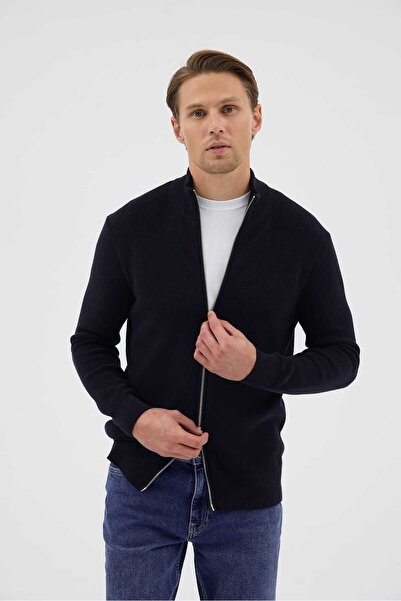 Paşahan Double Zipper 100% Cotton Mock Neck Knitwear Cardigan